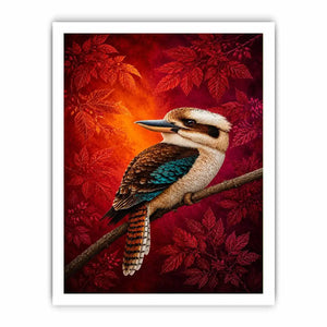 Bright kookaburra bird wall art with red foliage for modern living room decor.