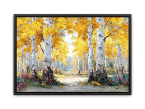 Golden birch forest landscape canvas art for modern living room decor.
