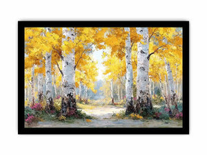 Golden birch forest landscape canvas art for modern living room decor.