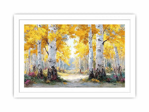 Golden birch forest landscape canvas art for modern living room decor.