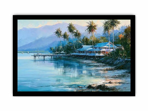 Tropical coastal landscape canvas art with palm trees for beach house or living room decor.