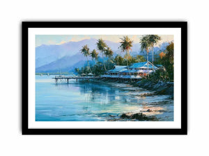 Tropical coastal landscape canvas art with palm trees for beach house or living room decor.
