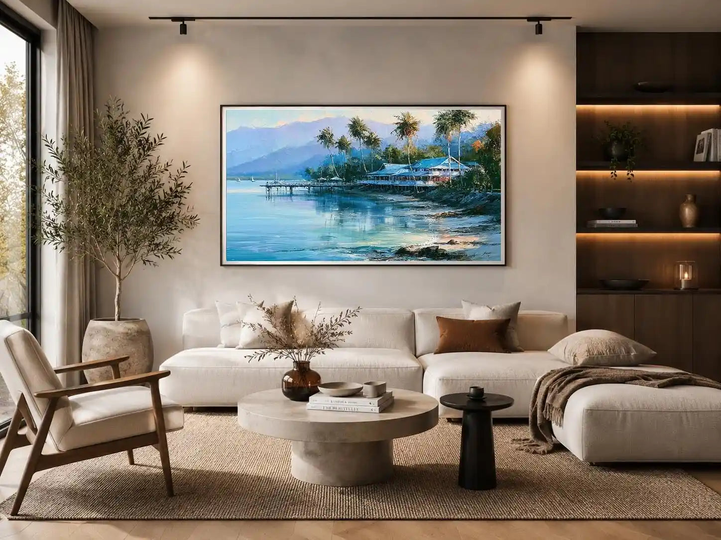 Tropical coastal landscape canvas art with palm trees for beach house or living room decor.