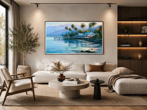 Tropical coastal landscape canvas art with palm trees for beach house or living room decor.