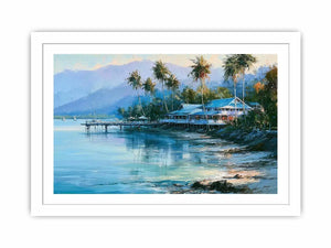 Tropical coastal landscape canvas art with palm trees for beach house or living room decor.