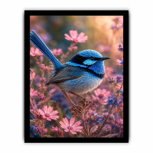 Blue wren bird canvas art with pink flowers for soft bedroom decor.