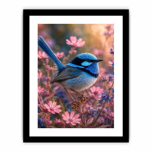 Blue wren bird canvas art with pink flowers for soft bedroom decor.