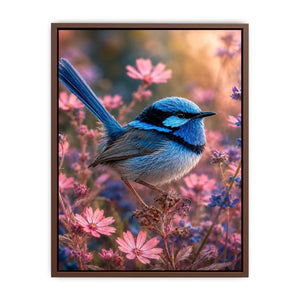 Blue wren bird canvas art with pink flowers for soft bedroom decor.