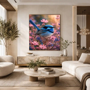 Blue wren bird canvas art with pink flowers for soft bedroom decor.