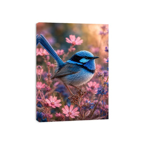 Blue wren bird canvas art with pink flowers for soft bedroom decor.