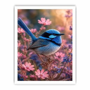 Blue wren bird canvas art with pink flowers for soft bedroom decor.