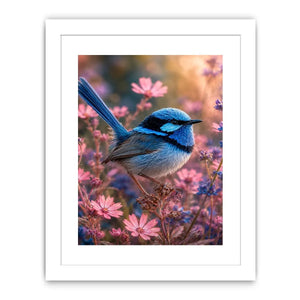 Blue wren bird canvas art with pink flowers for soft bedroom decor.