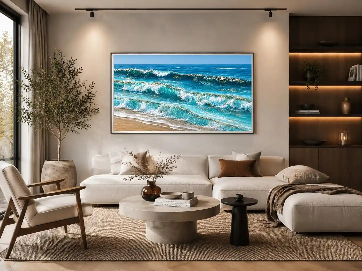 Horizontal ocean wave canvas art for coastal living room decor.