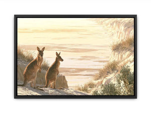 Coastal kangaroo wildlife canvas art for beach house or modern living room decor.
