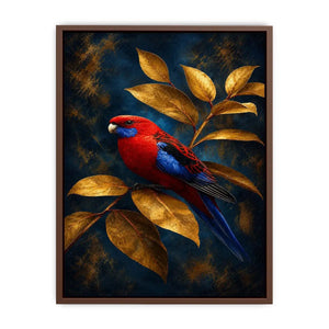 Red and blue bird canvas art with golden leaves for elegant room decor.