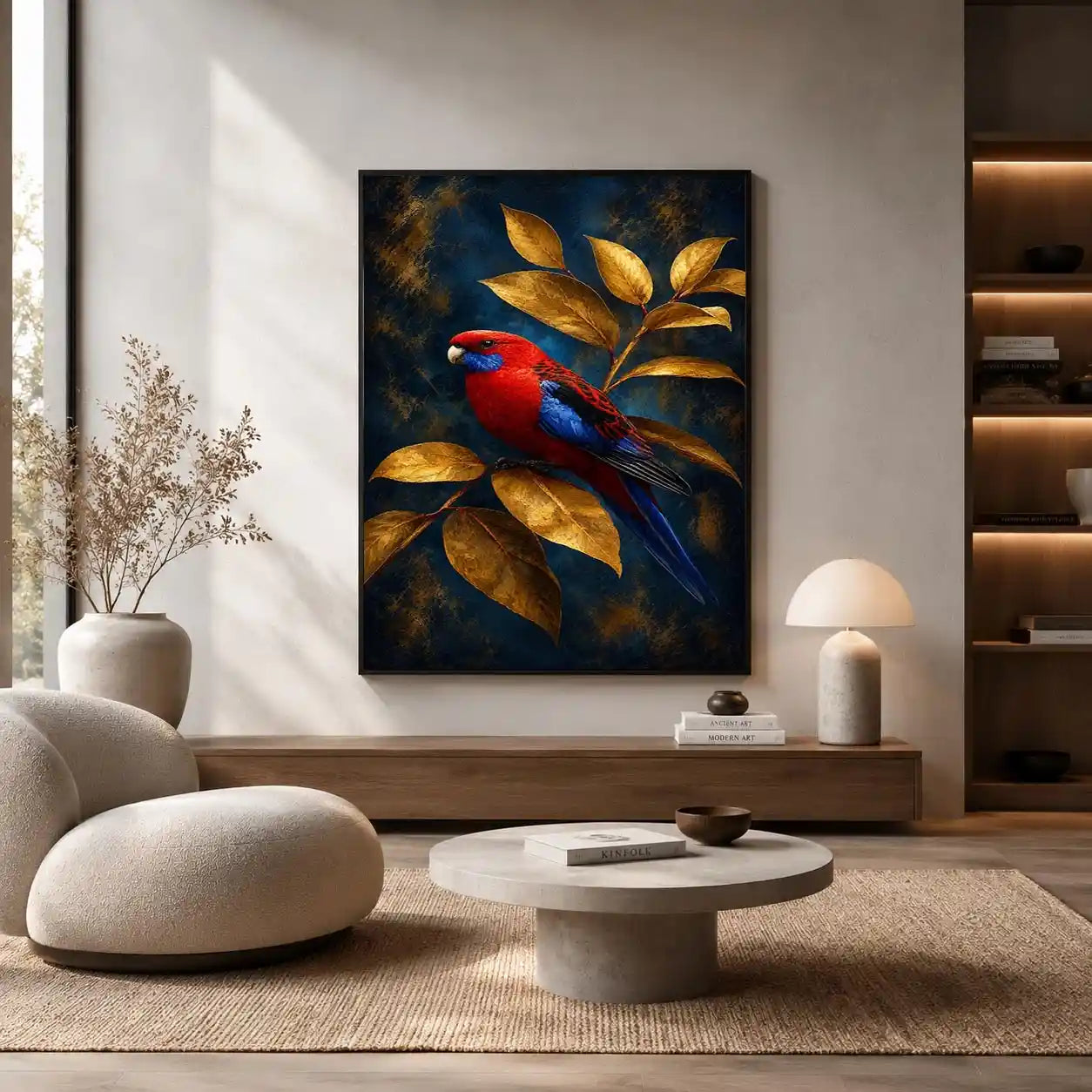 Red and blue bird canvas art with golden leaves for elegant room decor.