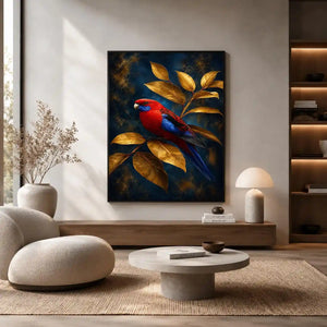 Red and blue bird canvas art with golden leaves for elegant room decor.