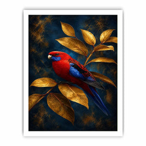 Red and blue bird canvas art with golden leaves for elegant room decor.