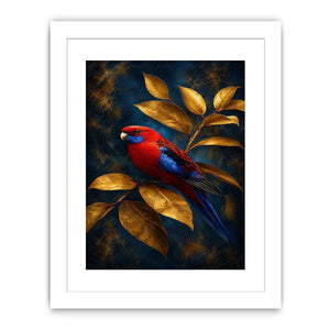 Red and blue bird canvas art with golden leaves for elegant room decor.