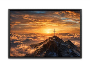 mountain cross canvas art with golden sunrise for peaceful decor.