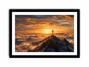 mountain cross canvas art with golden sunrise for peaceful decor.