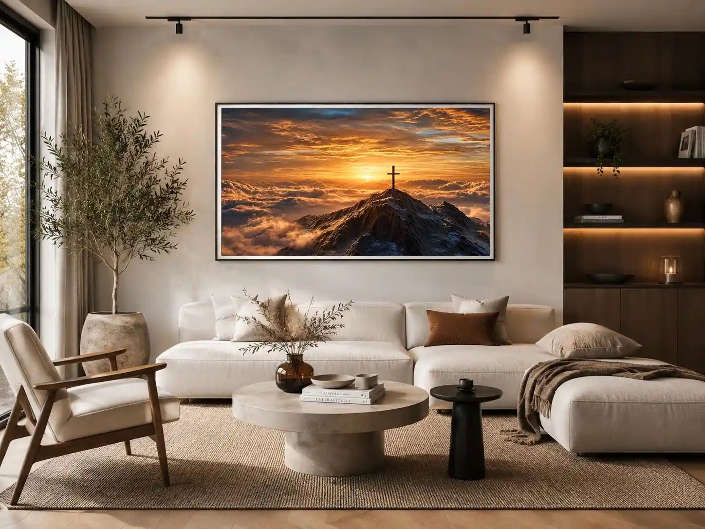 mountain cross canvas art with golden sunrise for peaceful decor.
