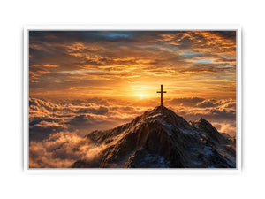 mountain cross canvas art with golden sunrise for peaceful decor.