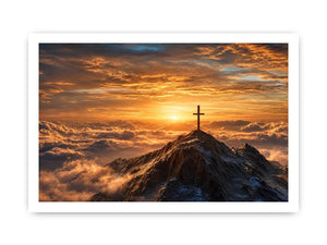 mountain cross canvas art with golden sunrise for peaceful decor.