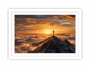 mountain cross canvas art with golden sunrise for peaceful decor.