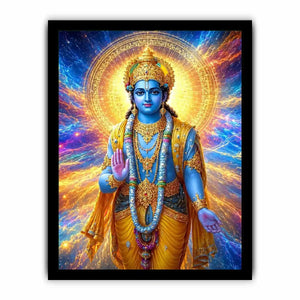 Lord Vishnu canvas art with cosmic blue and gold light for spiritual decor.