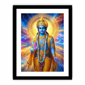 Lord Vishnu canvas art with cosmic blue and gold light for spiritual decor.