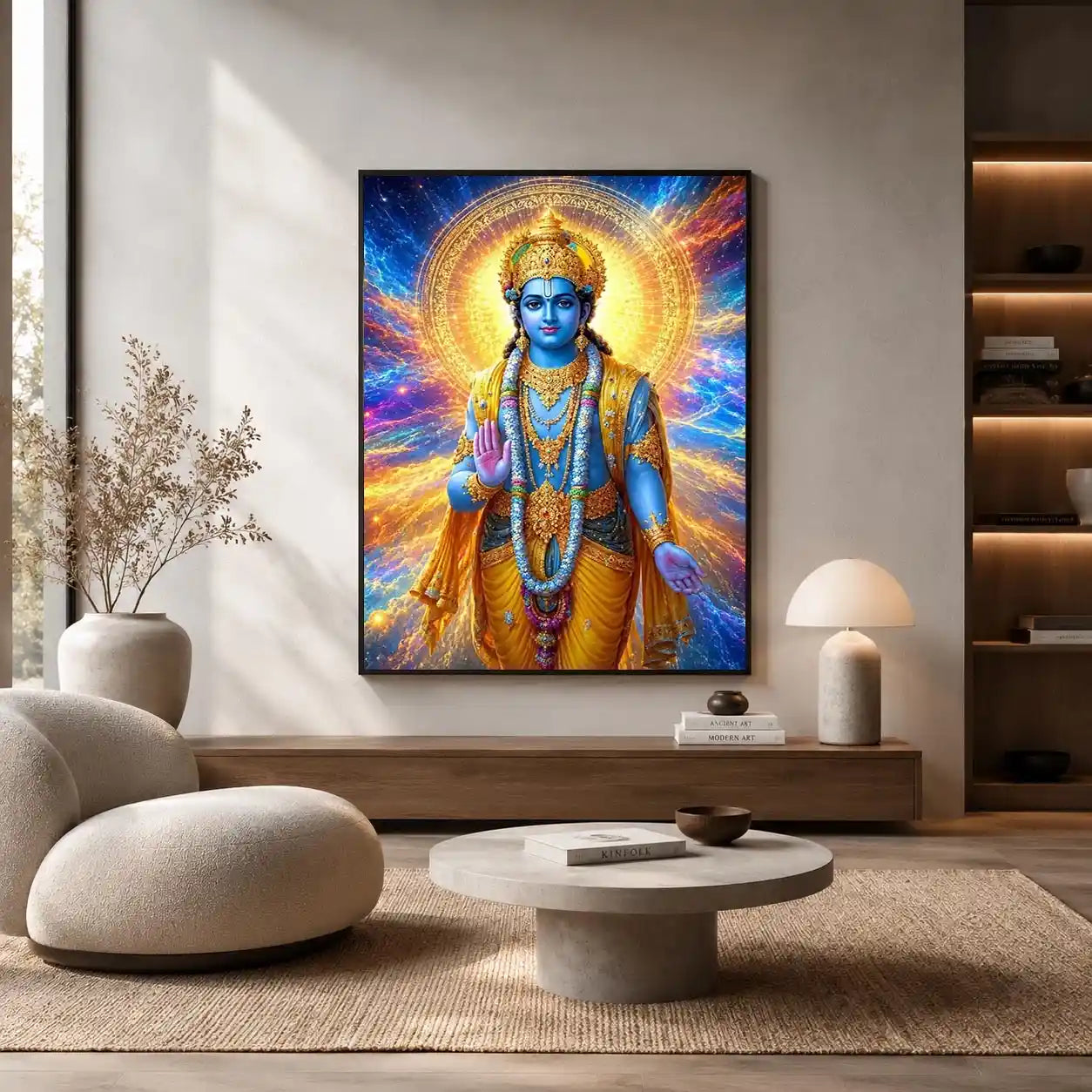 Lord Vishnu canvas art with cosmic blue and gold light for spiritual decor.