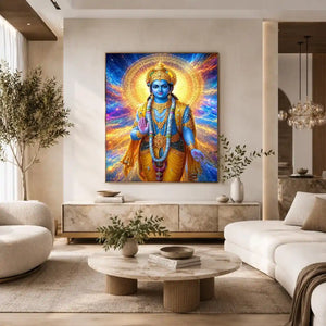 Lord Vishnu canvas art with cosmic blue and gold light for spiritual decor.