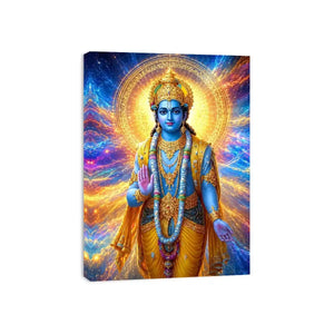 Lord Vishnu canvas art with cosmic blue and gold light for spiritual decor.