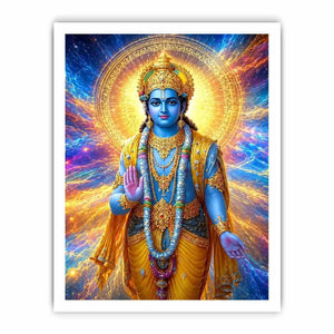 Lord Vishnu canvas art with cosmic blue and gold light for spiritual decor.