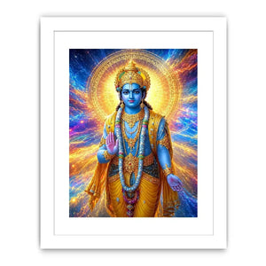 Lord Vishnu canvas art with cosmic blue and gold light for spiritual decor.