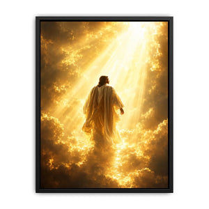 Vertical golden religious canvas art with heavenly clouds for bedroom decor.