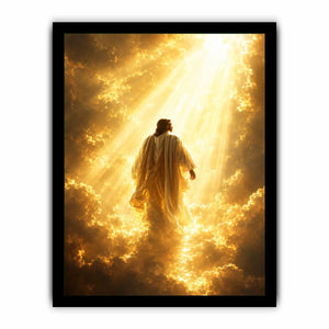 Vertical golden religious canvas art with heavenly clouds for bedroom decor.