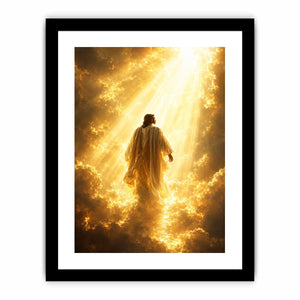 Vertical golden religious canvas art with heavenly clouds for bedroom decor.
