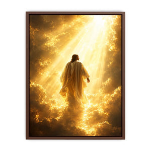Vertical golden religious canvas art with heavenly clouds for bedroom decor.
