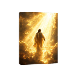 Vertical golden religious canvas art with heavenly clouds for bedroom decor.