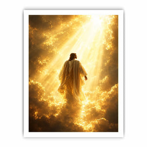 Vertical golden religious canvas art with heavenly clouds for bedroom decor.