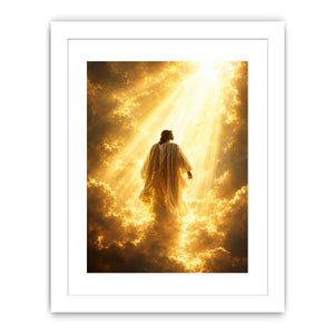 Vertical golden religious canvas art with heavenly clouds for bedroom decor.