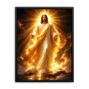 Radiant Jesus canvas art with golden light for spiritual living room decor.