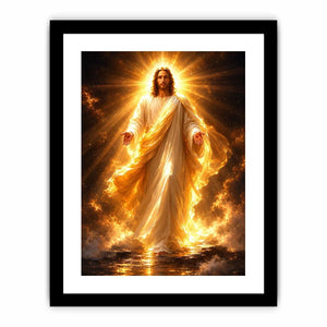 Radiant Jesus canvas art with golden light for spiritual living room decor.