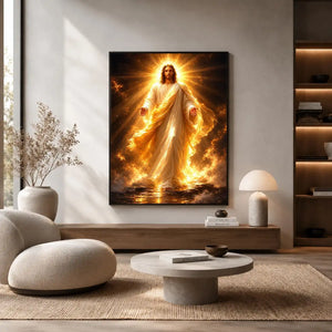 Radiant Jesus canvas art with golden light for spiritual living room decor.