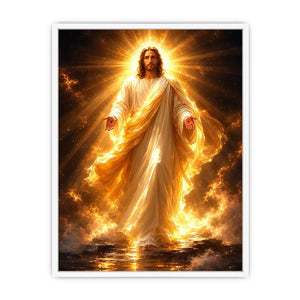 Radiant Jesus canvas art with golden light for spiritual living room decor.