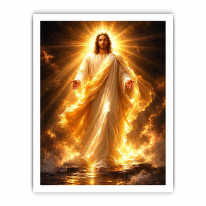 Radiant Jesus canvas art with golden light for spiritual living room decor.