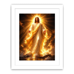 Radiant Jesus canvas art with golden light for spiritual living room decor.
