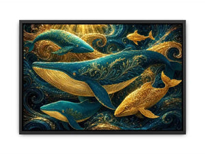 Teal and gold whale canvas art for coastal living room decor.